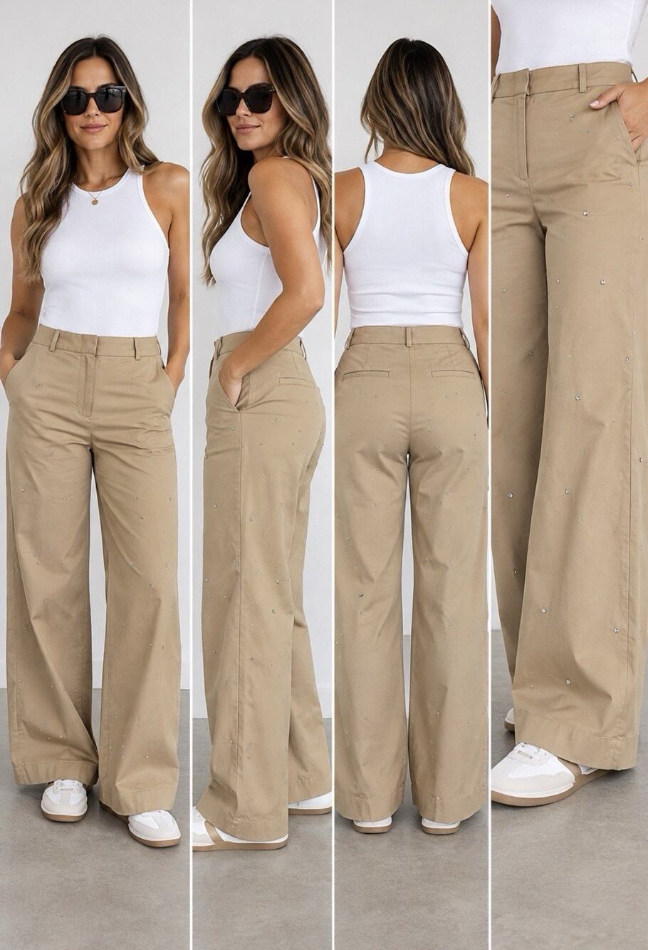 J.Crew Tan Rhinestone Wide Leg Pants Women's Approx 15.5" Waist Flat No Size Tag